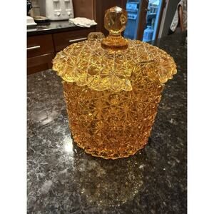Vintage Fenton Daisy and Button Amber Glass Candy Jar Basket Notched Lid RARE